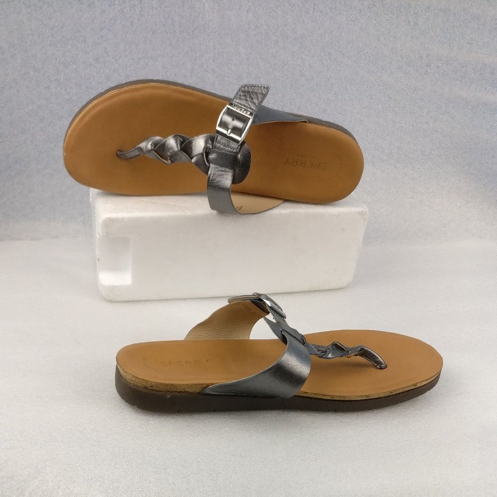 Sperry LEATHER Shiny Silver Braided Comfort Padded Slip On Slides Sandal Womens
